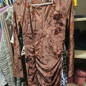 Lulu's Floral Long Sleeve Dress in Brown and Tan
